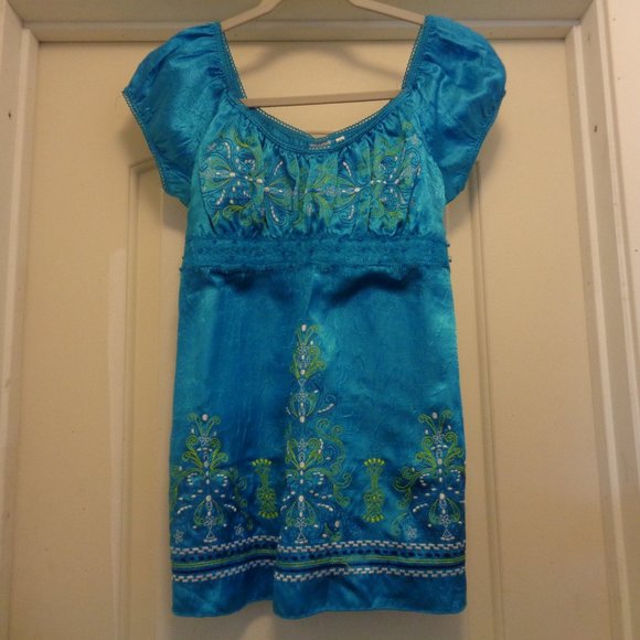BOHO BEAUTIFUL BLUE SATIN EMBROIDERED LACE BLOUSE L - Picture 2 of 5
